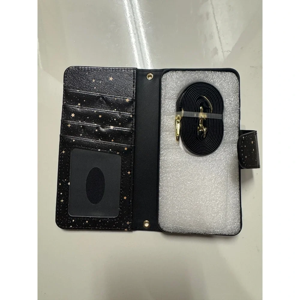 Celestial Sun and Moon Wallet Phone Case Crossbody Black Starry Faux Leather